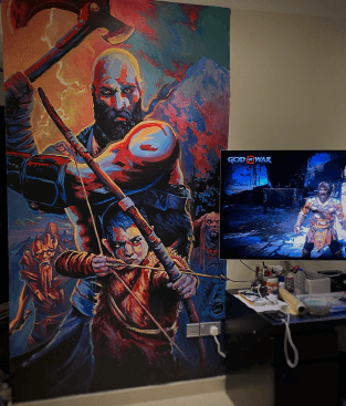 God of War mural in a gaming room